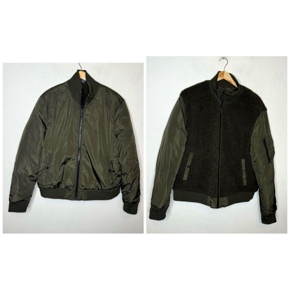 Express Reversible Bomber Jacket Men's XL Green Sherpa Coat Pockets - Picture 1 of 16